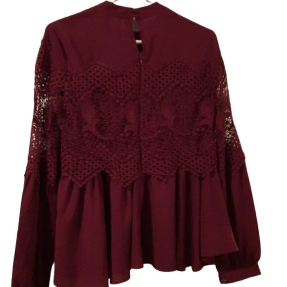 Onetheland Burgundy Blouse w crochet detailing Boho Chic Size Med - Picture 3 of 6